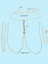 Sexy Red Beaded Decor Gold Body Chain Crossover Summer Beach Bikini Body Jewelry-1
