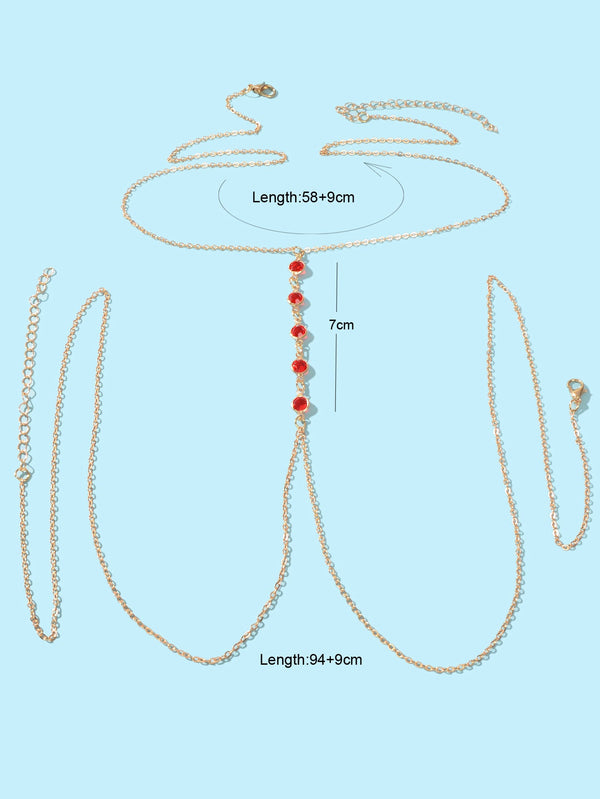 Sexy Red Beaded Decor Gold Body Chain Crossover Summer Beach Bikini Body Jewelry-1