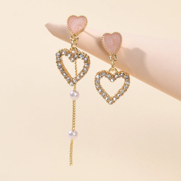 Perfect Engagement Gift Pearl Rhinestone Pink Love Heart Asymmetric Drop Earring-0