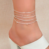 5 pcs Layered Multiple Silver Chain Stackable Anklets Beach Foot Jewellery-0