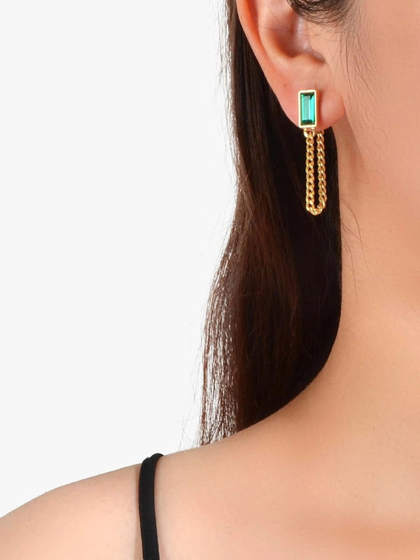 Gold Tone Chain Green Square Drop Dangle Earrings Ear Jacket Tassel Stud Jewelry-0