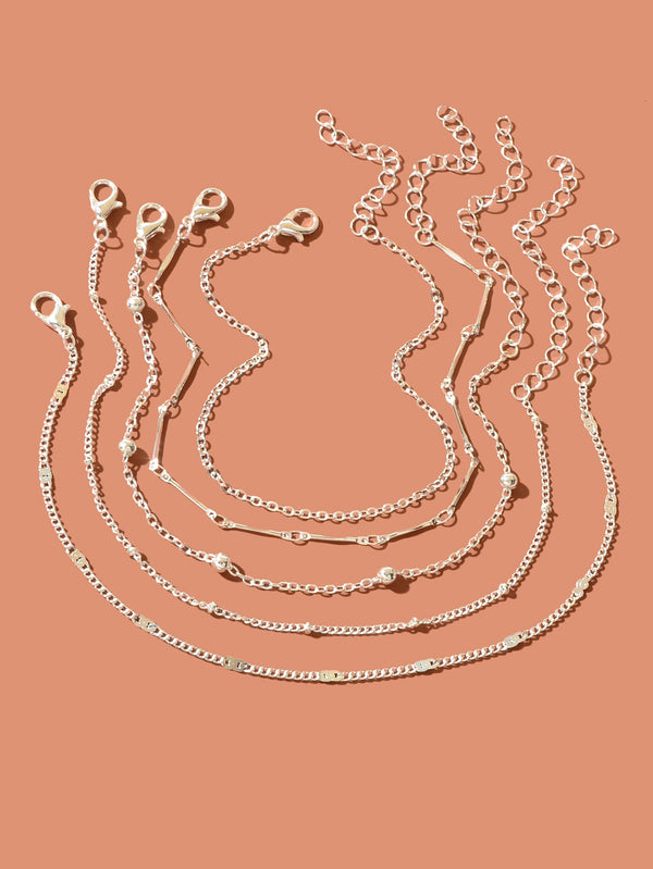 5 pcs Layered Multiple Silver Chain Stackable Anklets Beach Foot Jewellery-1