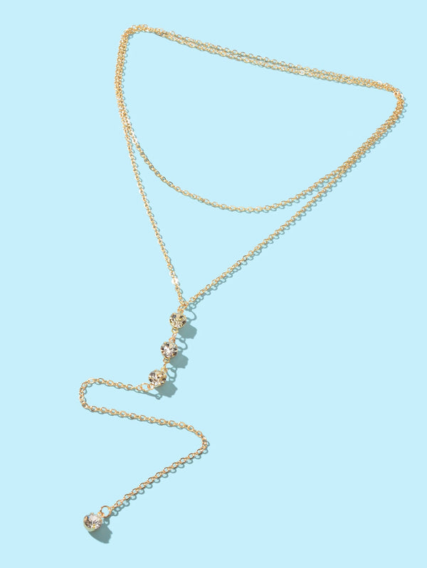 Trendy Double layer Gold Silver Chain Rhinestone Y Style Long Pendant Necklace-1
