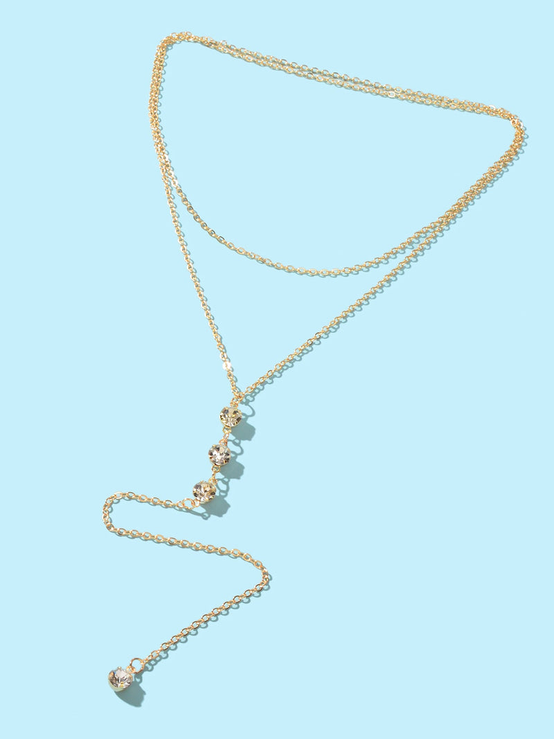 Trendy Double layer Gold Silver Chain Rhinestone Y Style Long Pendant Necklace-1