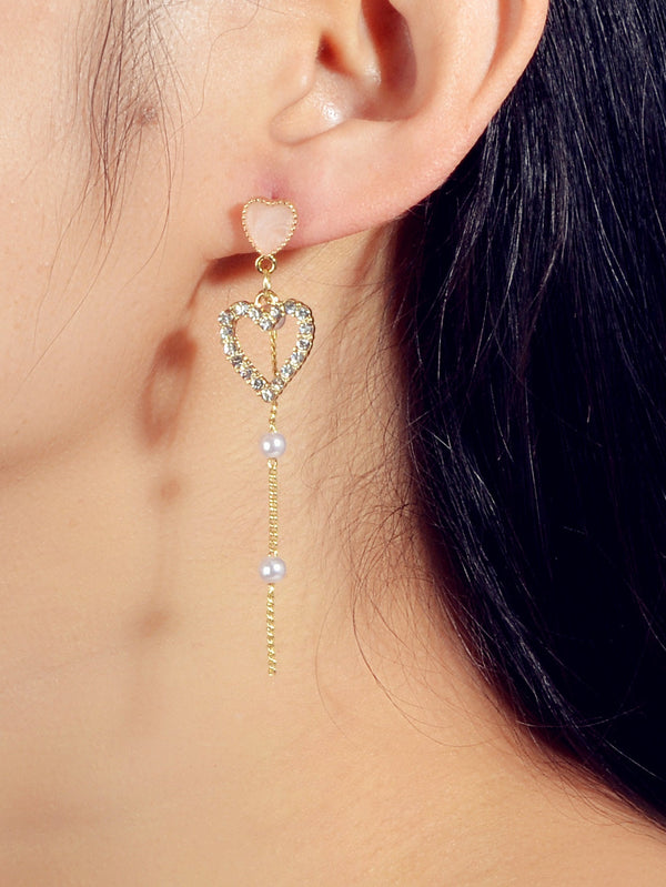 Perfect Engagement Gift Pearl Rhinestone Pink Love Heart Asymmetric Drop Earring-1