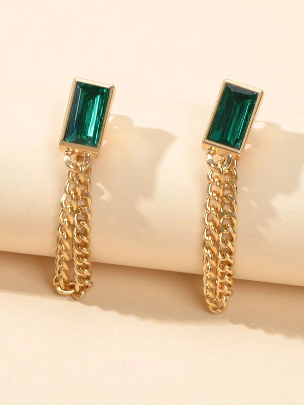 Gold Tone Chain Green Square Drop Dangle Earrings Ear Jacket Tassel Stud Jewelry-1