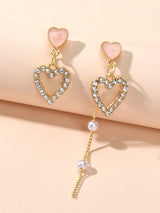 Perfect Engagement Gift Pearl Rhinestone Pink Love Heart Asymmetric Drop Earring-2