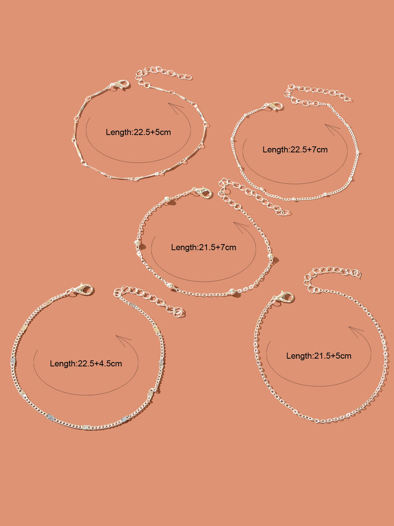 5 pcs Layered Multiple Silver Chain Stackable Anklets Beach Foot Jewellery-2
