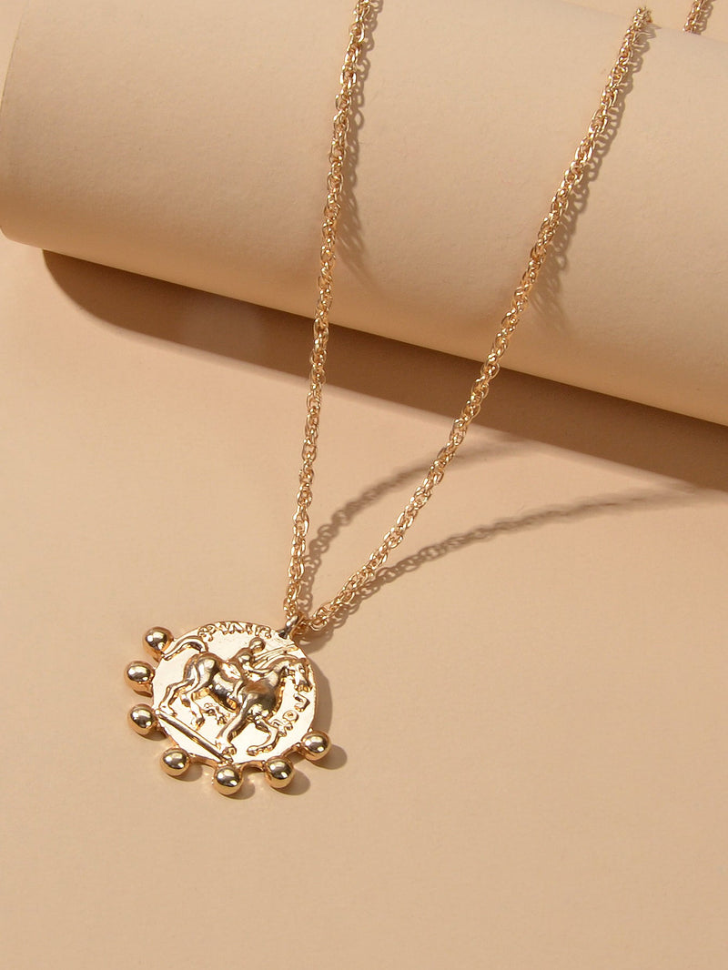 Gold Chain Carved Riding Horse Round Pendant Trendy Necklace Fashion Jewellery-2