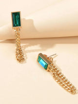 Gold Tone Chain Green Square Drop Dangle Earrings Ear Jacket Tassel Stud Jewelry-2