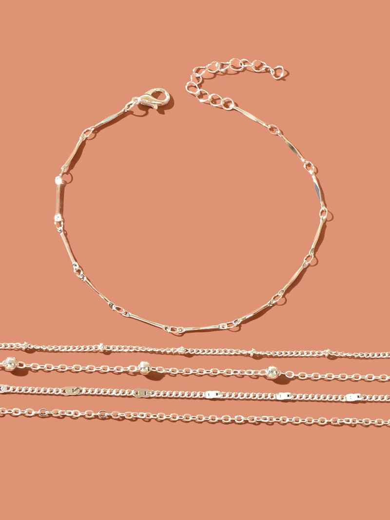 5 pcs Layered Multiple Silver Chain Stackable Anklets Beach Foot Jewellery-3