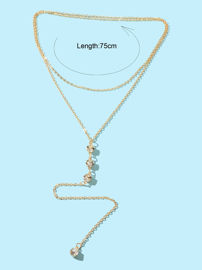Trendy Double layer Gold Silver Chain Rhinestone Y Style Long Pendant Necklace-3