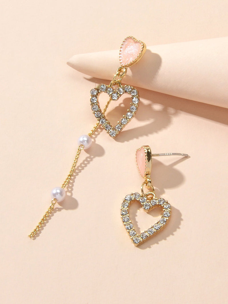 Perfect Engagement Gift Pearl Rhinestone Pink Love Heart Asymmetric Drop Earring-3