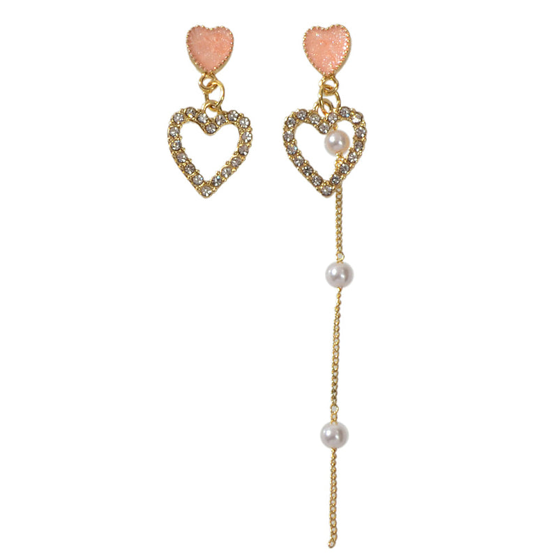 Perfect Engagement Gift Pearl Rhinestone Pink Love Heart Asymmetric Drop Earring-4